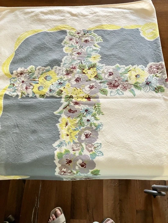 Vintage Tablecloth with White Edge, Yellow Row, and A Floral Pattern