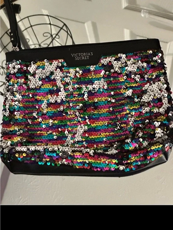 Victoria's Secret Rainbow Sequin Cosmetic Pouch with Black Trim