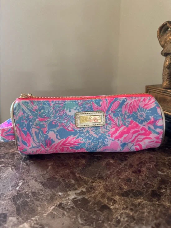 Lilly Pulitzer Pink and Blue Floral Cosmetic Pouch with Gold Accent