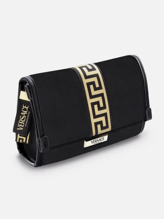 NWOT Versace Fragrances Black and Gold Logo Cosmetic Makeup Travel Bag