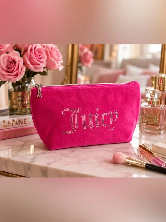 💖 Juicy Couture Pink Velour Cosmetic Makeup Bag Rhinestone Logo 💖