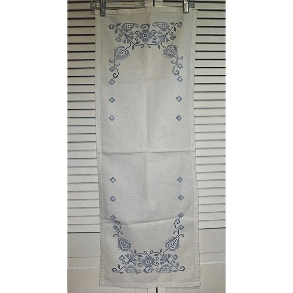Vintage Blue Floral Cross Stitch Hand Embroidered White Linen Table Runner