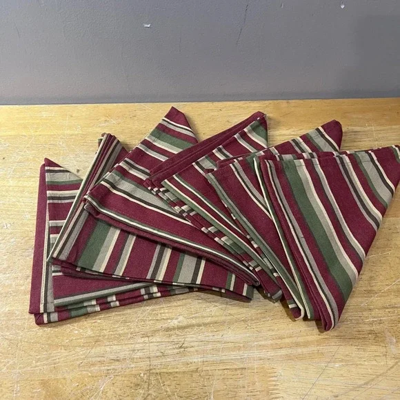 Park Designs Striped Cotton Napkins Set of 6 Burgundy Green Tan 18x18