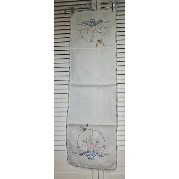 Vintage Hand Embroidered Linen Table Runner Floral Basket Butterfly Crochet Trim