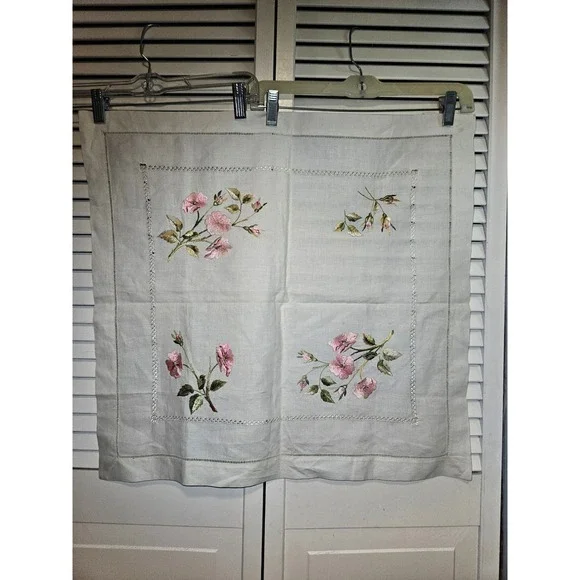 Vintage Hand Embroidered White Linen Tea Tablecloth Pink Wild Rose Hemstitch