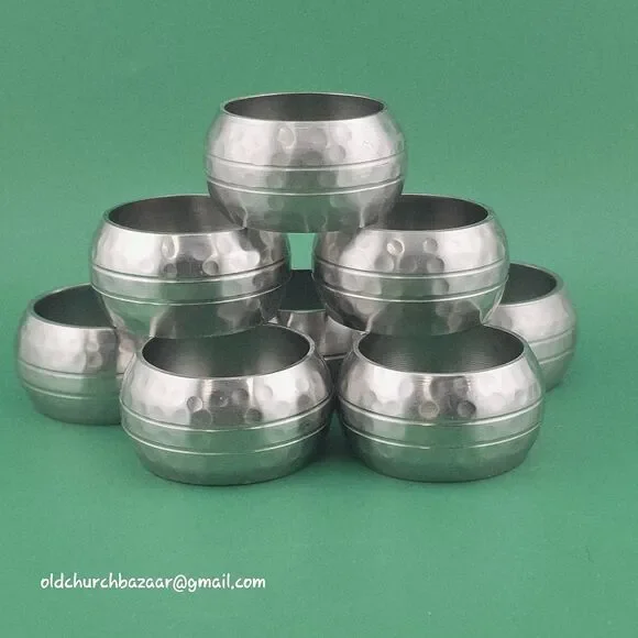 Silver-tone Hand Hammered Look Metal Stainless Napkin Rings Set Of 8