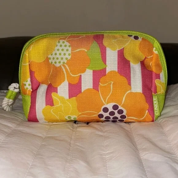 CLINIQUE Mid Sized Green Pink White Orange Purple Floral Make-Up Toiletry Bag
