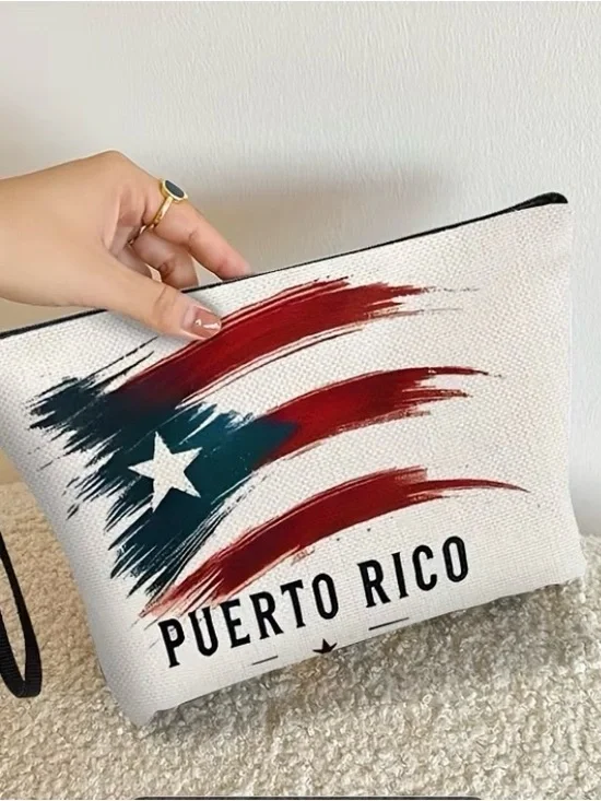 Puerto Rico Canvas Cosmetic Bag - White with Red & Blue Flag Design