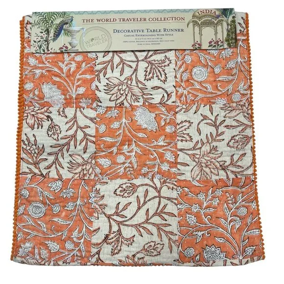 World Traveler Table Runner Muted Orange‎ Cream Floral Patchwork 16x72 Boho