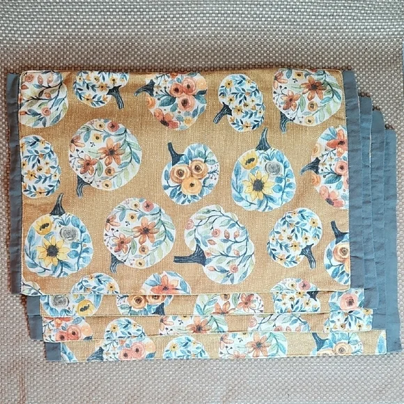 Nicole Miller Home Set Of Four Pleacemats Floral Pumpkins Fall Thanksgiving