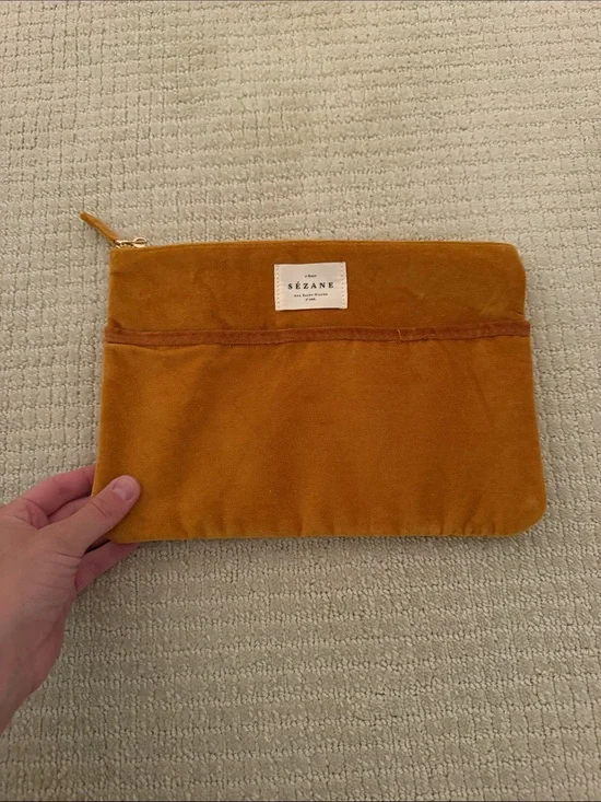 Sézane Mustard Velvet Zip Pouch NWOT