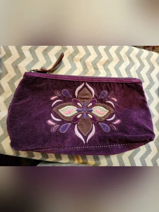 Lucky Brand Purple Velvet Embroidered Makeup Bag