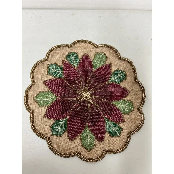 2 Beaded Red Poinsettia Centerpiece Charger Placemat 15