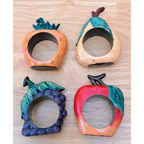 Fruit Shaped Napkin Rings Set of 4 Hand Painted Wood Vintage Cute NWOT