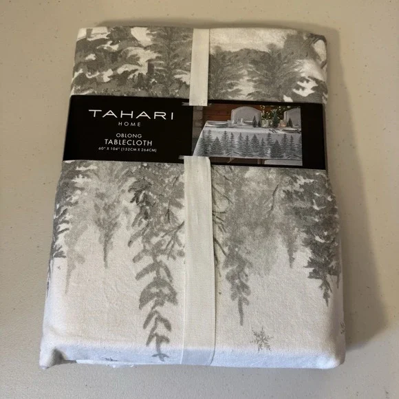 Tahari Home Tablecloth Winter Snowy Forest Tree Snowflakes‎ 60x104 Gray Silver