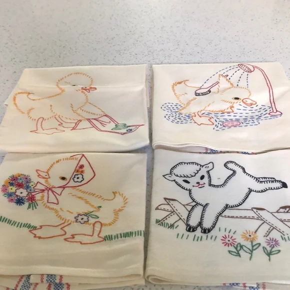 4 vintage hand embroidered canon linen tea towels with baby ducks and baby lamb