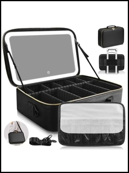 Large Capacity Makeup Bag with LED Mirror, 3 Color Light Adjustable Brightness,