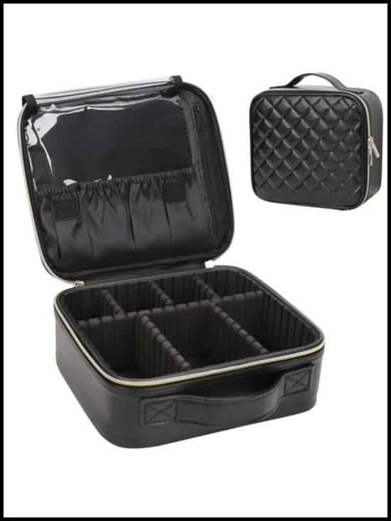 PU Leather Train Case Makeup Bag with Adjustable Dividers Travel Cosmetic