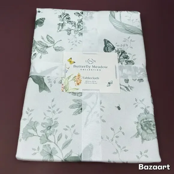 LENOX BUTTERFLY MEADOW TOILE GREEN & WHITE TABLECLOTH 52 x 70 RECTANGULAR NEW