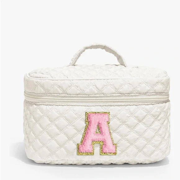 Quilted White Cosmetic Bag‎ with Pink Initial