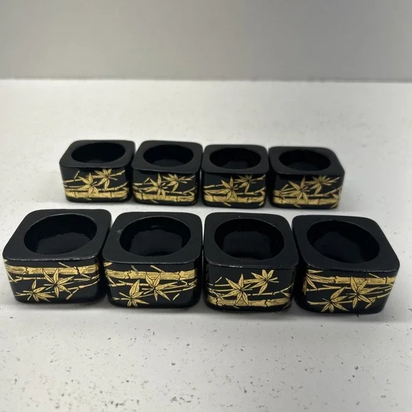 Vintage Black Lacquer Napkin Rings Set of 8 Gold Bamboo Asian Table Decor