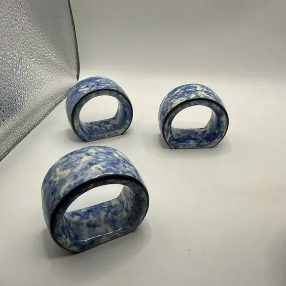 Vintage Knobler Blue Spongeware Ceramic Napkin Rings Set Of 3