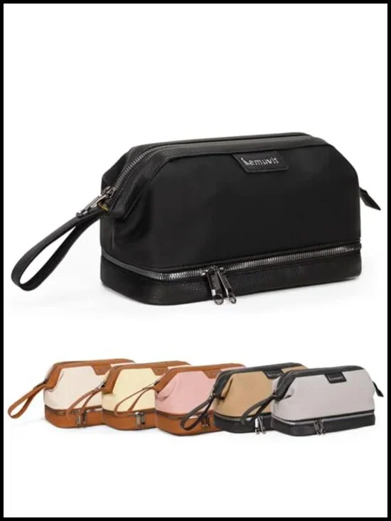 Water-Resistant Faux Leather Double-Layer Travel Toiletry Bag Cosmetic Organizer