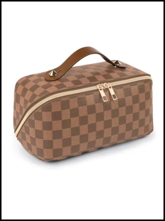 Leather Travel Makeup Bag, Large Capacity Cosmetic Bag with Divider, Waterproof