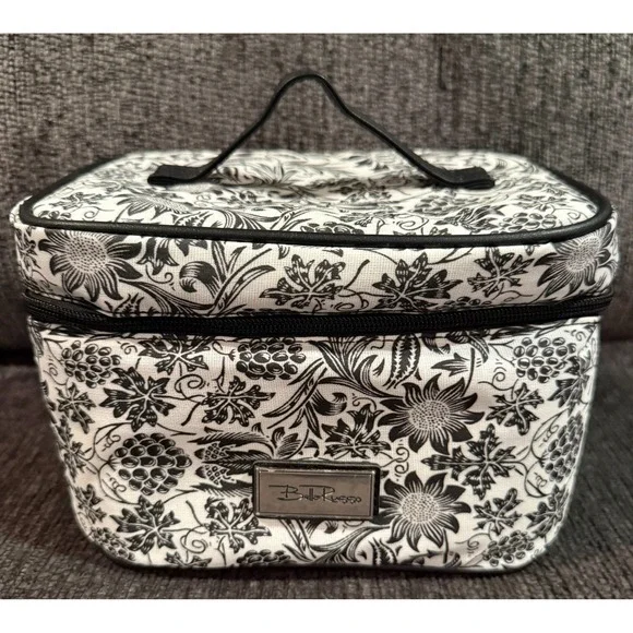 Bella Russo Makeup Bag  Black White Floral Design Zipper Closure Handle Charms