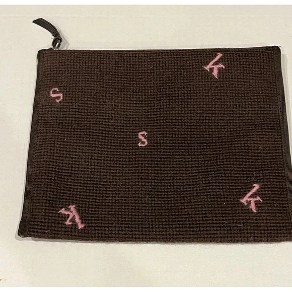 Kate Spade Brown Needlepoint Initial Bag Cosmetic Case Pouch‎ Vintage