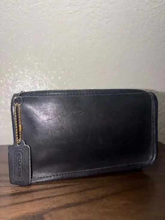 Vintage Coach Black Leather Cosmetic Case Clutch Pouch