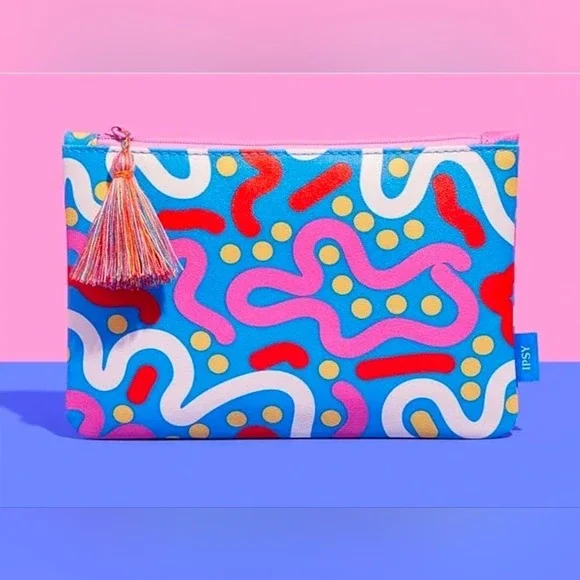 Ipsy Makeup‎ Bag Women Small Blue Pink 80s Memphis Squiggle Tassel Pouch