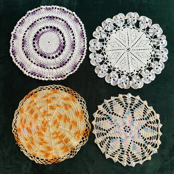Vintage Crochet Doily Set 4pc Round Lace Variegated Purple Orange Blue Pastel