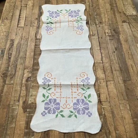 Vintage Linen Table Runner 13 x 38 in Cross Stitched White Purple Flowers