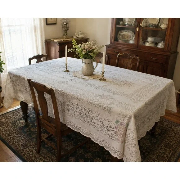 Vintage Floral Lace Tablecloth Cream Pastel Embroidery Rectangular Cottagecore