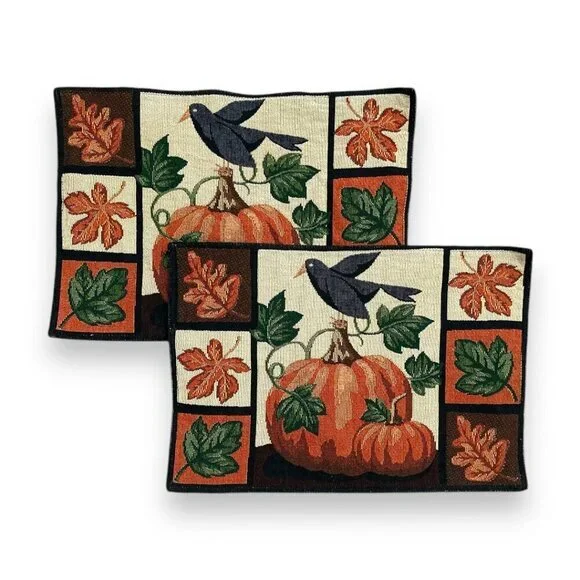 Vintage Fall Tapestry Placemats Lot of 2 Pumpkin Raven Autumn
