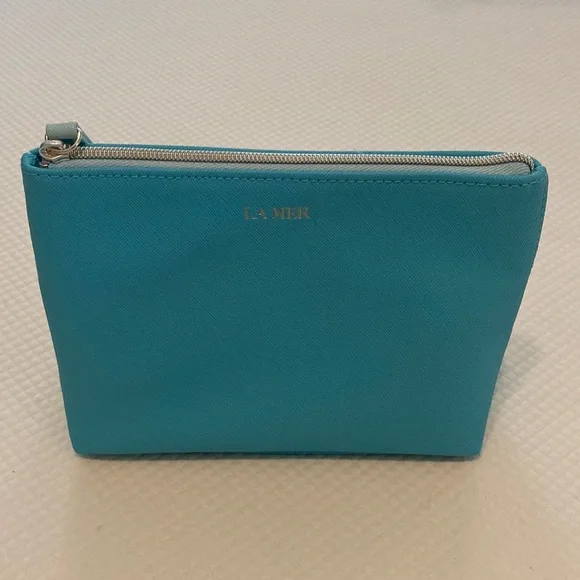 La Mer Blue Cosmetic Makeup Toiletry Travel Bag Case Zipper Vegan Leather Pouch