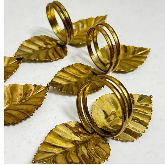 Napkin Ring Set Double Leaf Vintage Style Brass Tone Set of 5