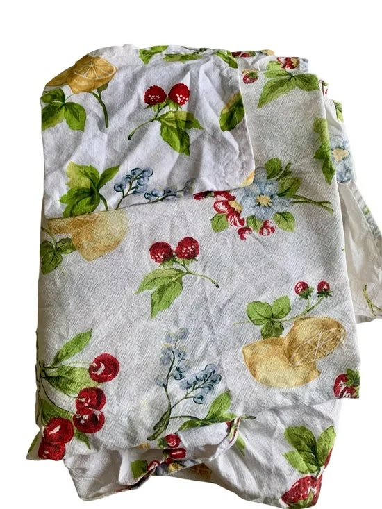 Vintage Cottagecore Fruit and Floral 100% Cotton Tablecloth Lemons cherries