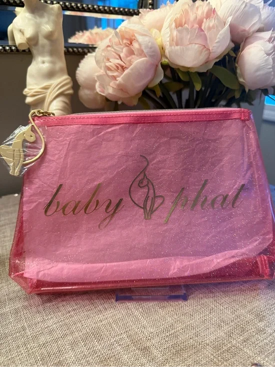 Baby Phat NWT Pink Glitter Transparent Cosmetic Bag with Gold Logo Charm