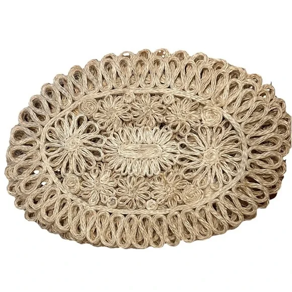 Set Of 7 Vintage Abaca Hemp Centerpiece Placemats Woven Floral Scrolled MCM Boho