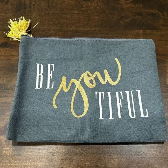 Mud Pie - BeYouTiful Canvas Cosmetic Bag/Pouch - Gray with Yellow Tassel