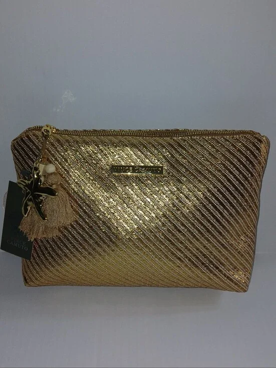 Vince Camuto Woven Canvas Metallic Cosmetic Bag with Starfish Tassel Charm, Med