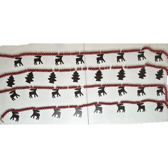 Lot 4 Red Wooden Bead Garland w/ Metal Reindeer Chistmas Trees Log Cabin Country