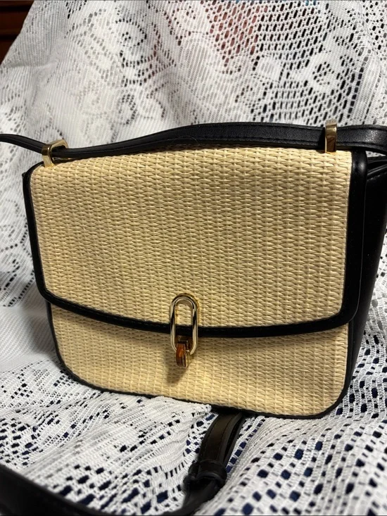 a new day Beige Woven Crossbody with Black Trim