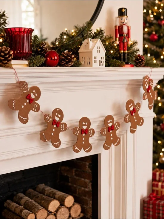 Gingerbread Garland Holiday Mantel Decoration in Red and Brown