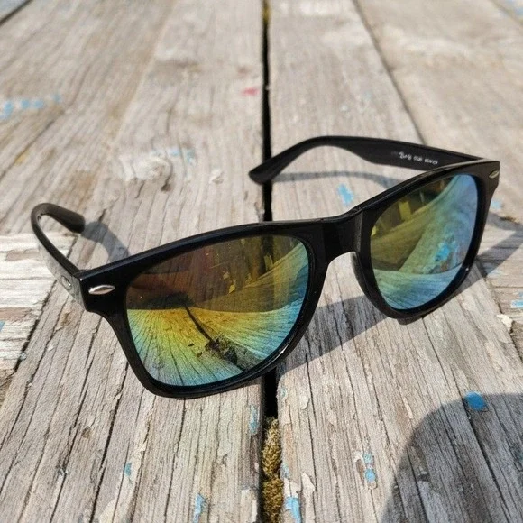 Feam Aero Black Wayfarer Sunglasses, Yellow‎ Gold Mirrored Lenses, Sporty Shades