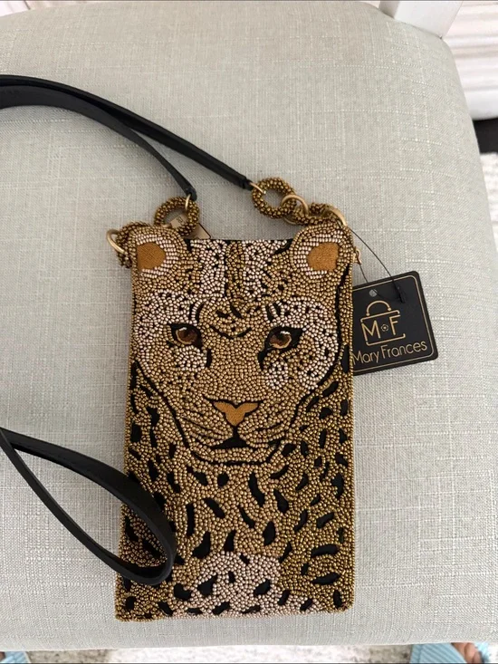Mary Frances Black & Gold Leopard Beaded Crossbody Phone Bag