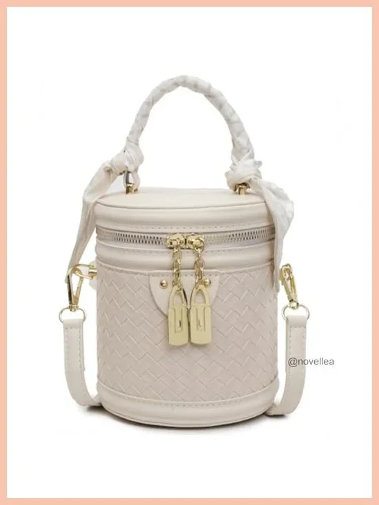 Women's Vegan Leather Woven Mini Bucket Crossbody Bag Purse with Scarf Handle