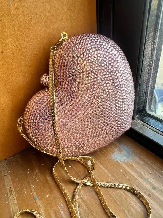 AQS by AquaSwiss Pink Jeweled Heart Clutch Shaped Crystal Clutch Purse NEW